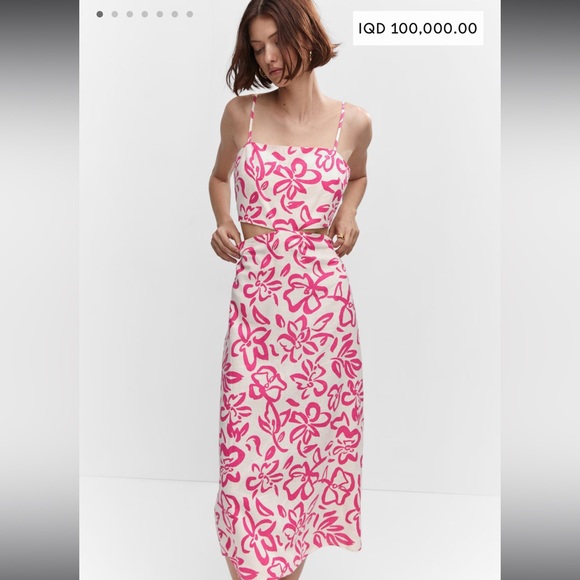 MANGO Floral Cutout Linen Blend Midi Dress Pink - Picture 2 of 9